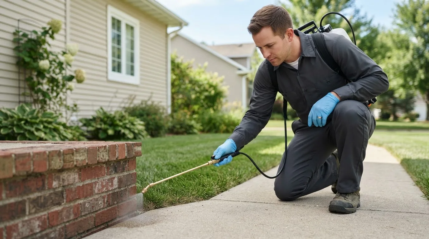 Pest control technician treating a home near Livonia, MO
