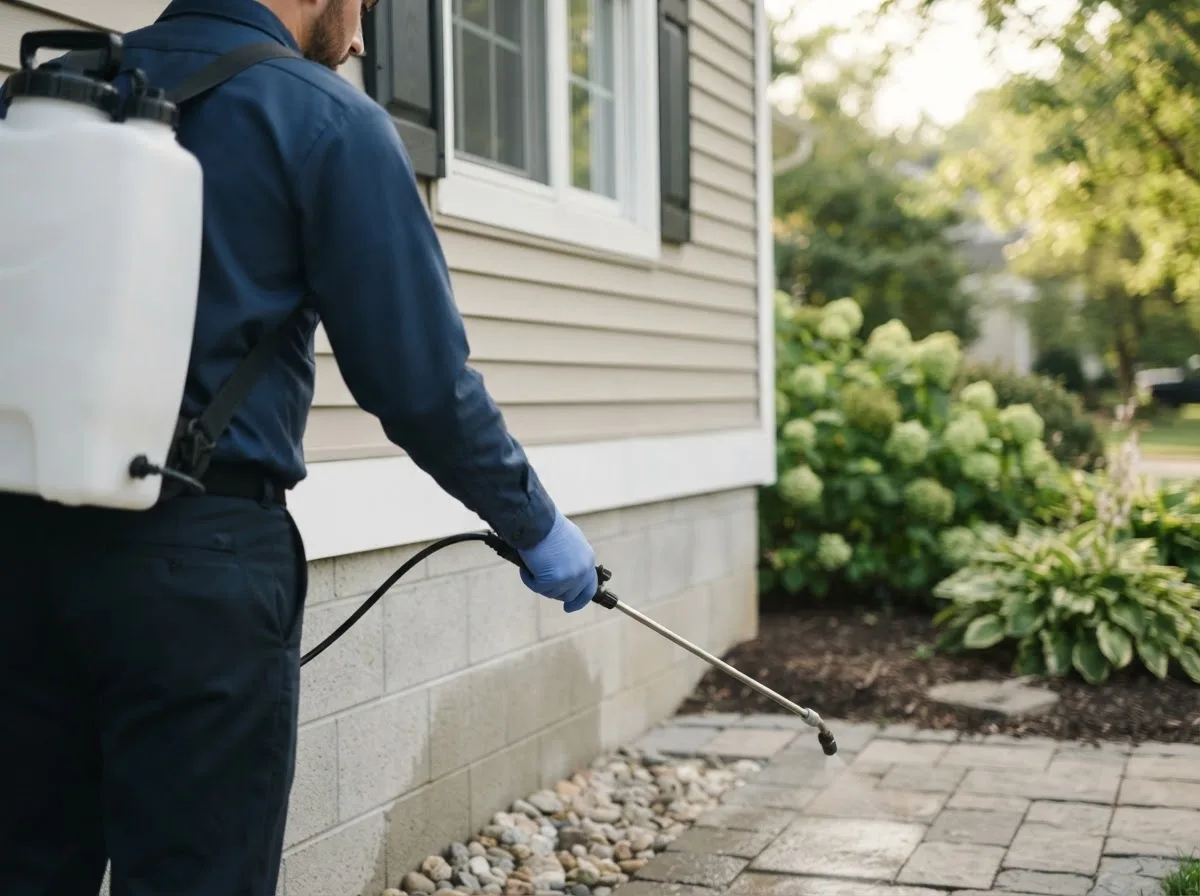 Pest control technician inspecting a home in Livonia, MO